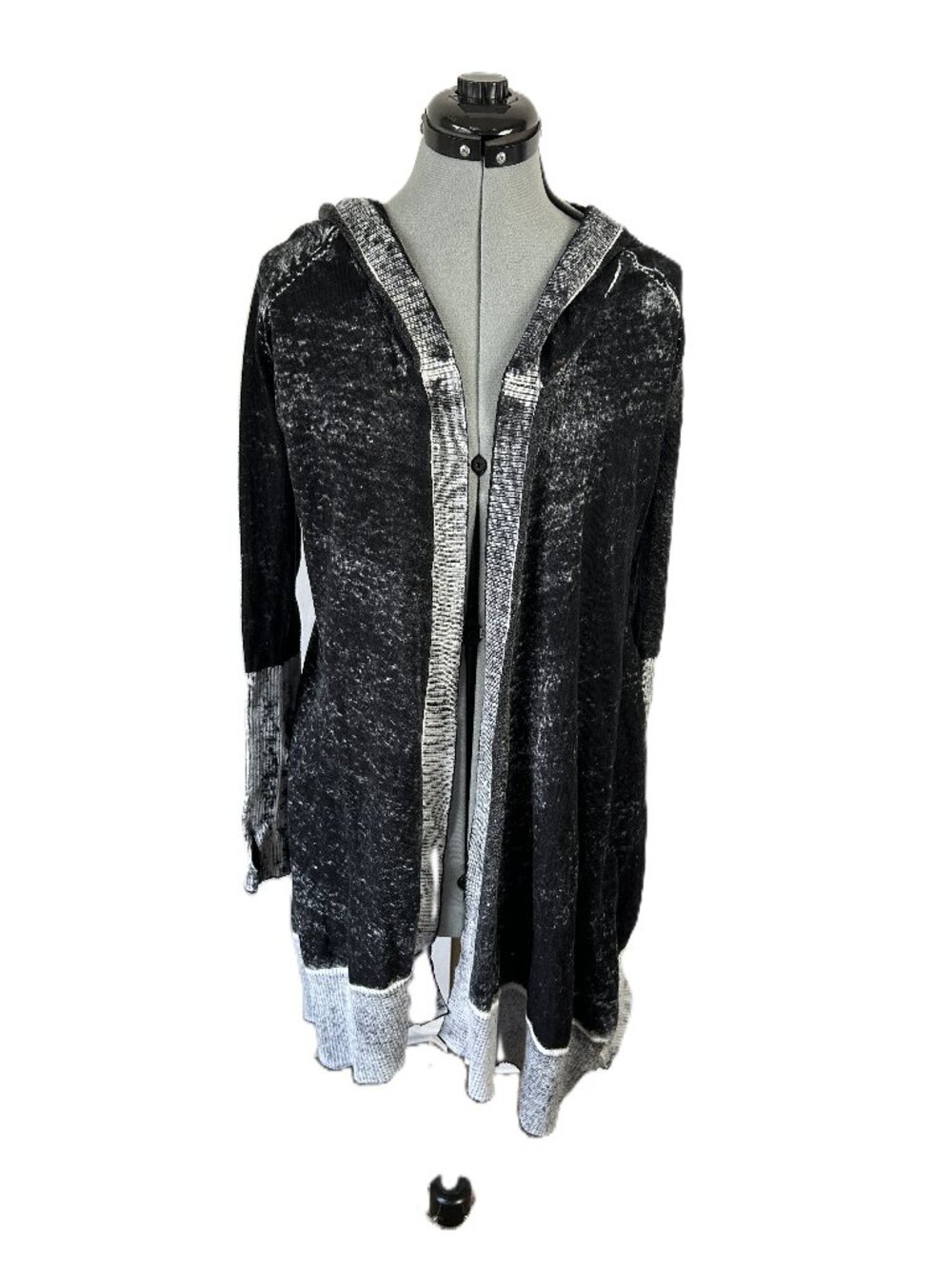 Blanc Noir Black White Acid Wash Hooded Cardigan Longline Sweater XS